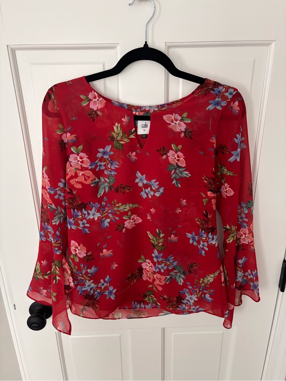CAbi Red Floral Long-Sleeve Chiffon Top